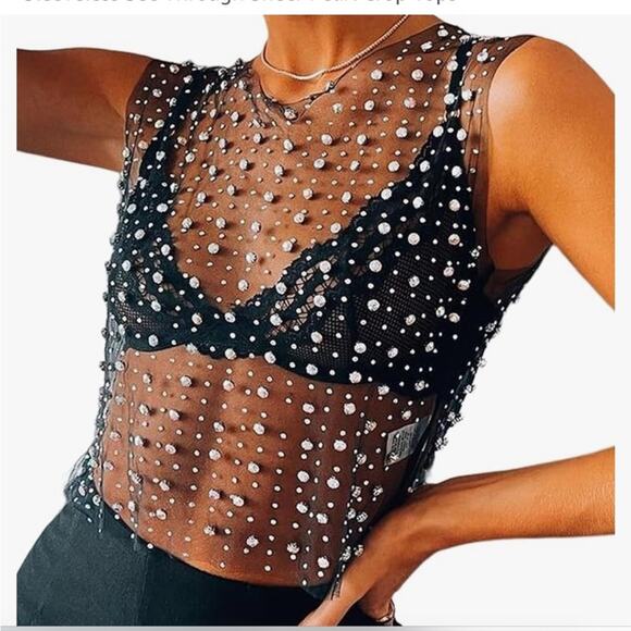 Pearl Rhinestone Mesh Cropped Tank Top Crewneck Sleeveless See Through Sheer Top - Picture 7 of 8